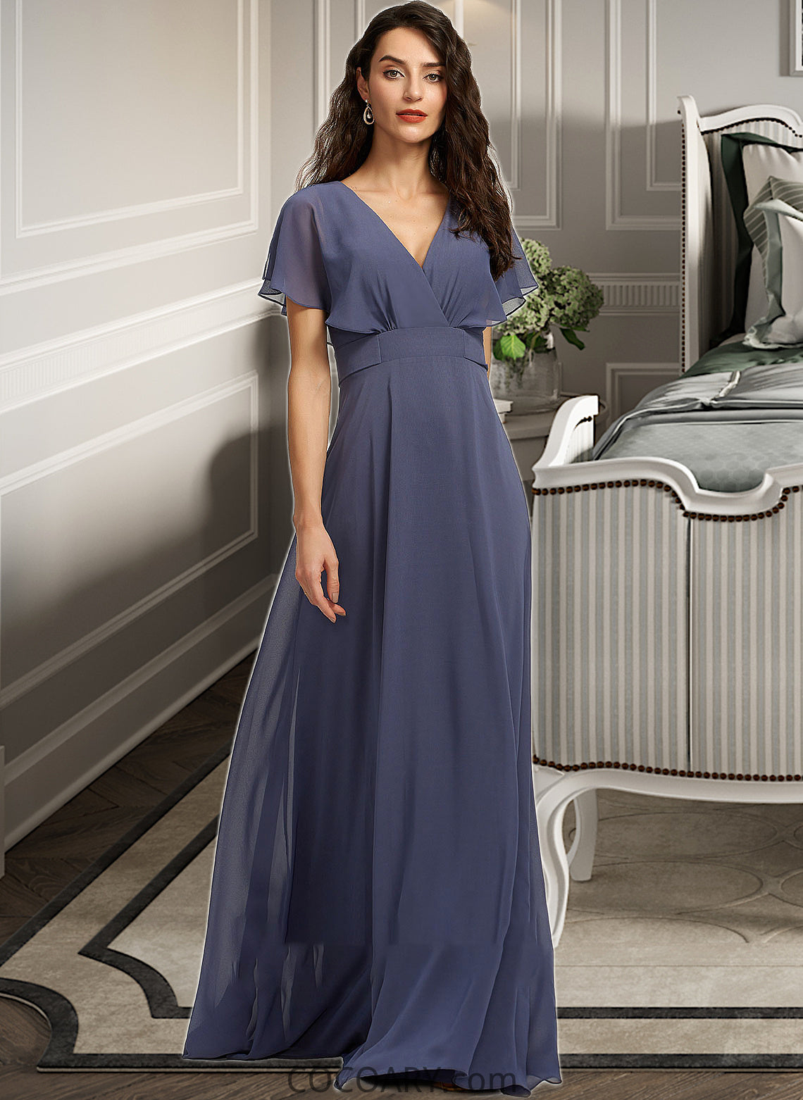 Jamya A-Line V-neck Floor-Length Bridesmaid Dress DA8P0012770