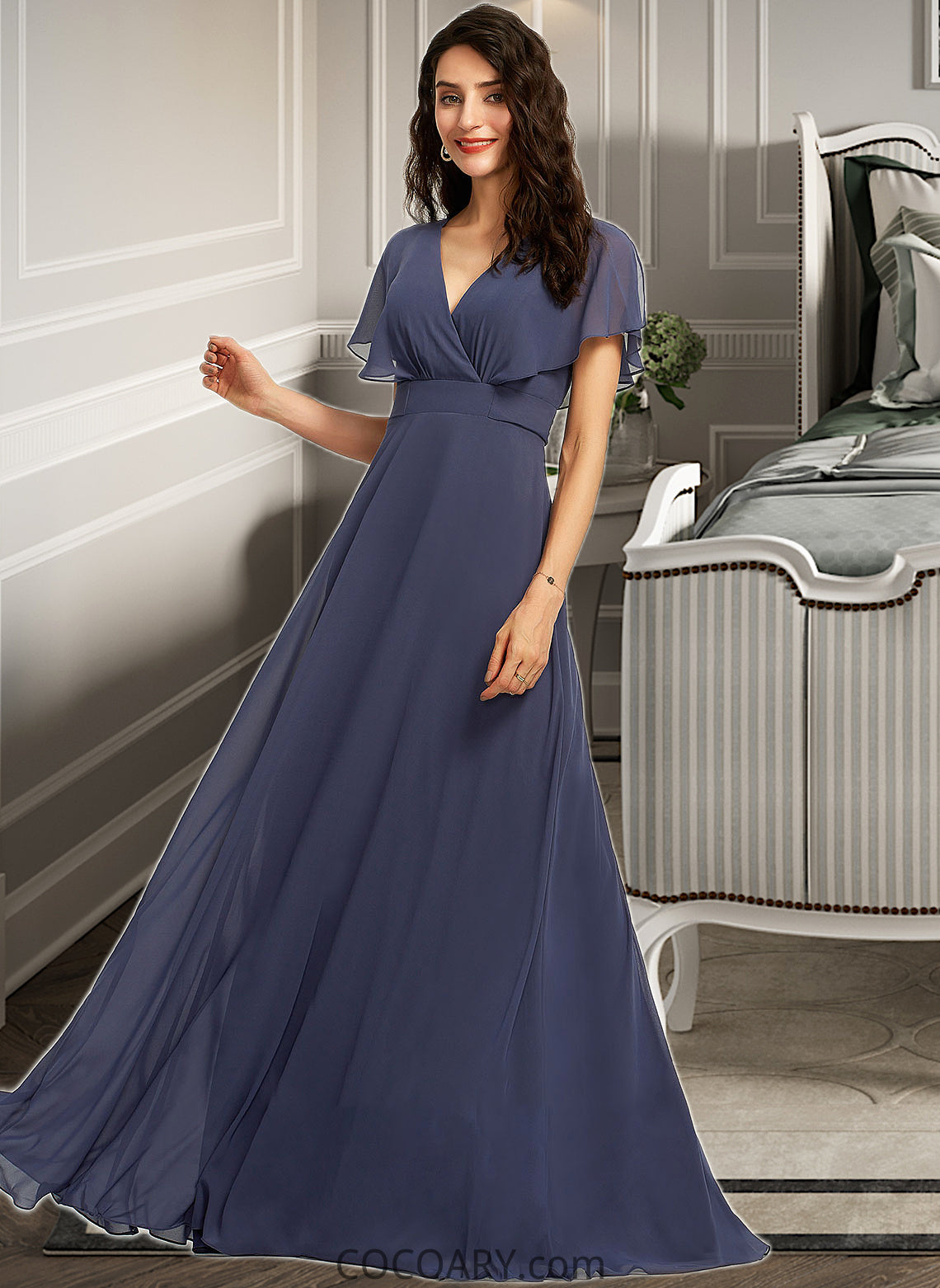 Jamya A-Line V-neck Floor-Length Bridesmaid Dress DA8P0012770