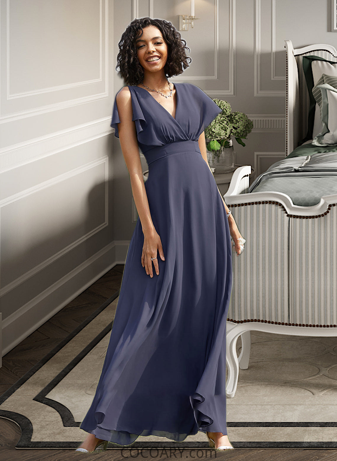 Jamya A-Line V-neck Floor-Length Bridesmaid Dress DA8P0012770