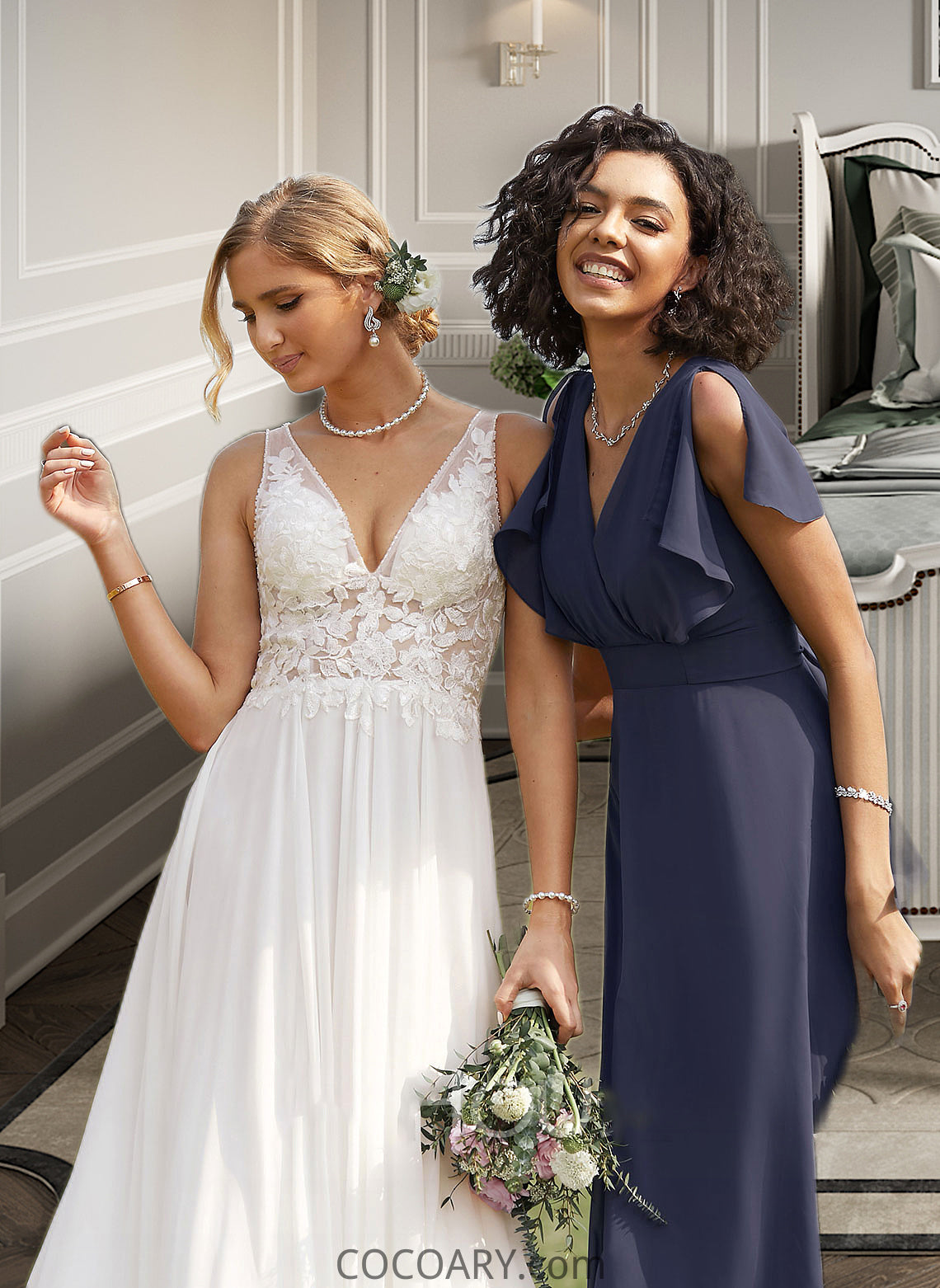 Jamya A-Line V-neck Floor-Length Bridesmaid Dress DA8P0012770