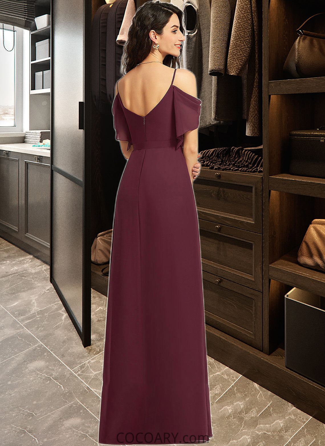 Vivian A-Line V-neck Floor-Length Bridesmaid Dress With Ruffle Split Front DA8P0012772