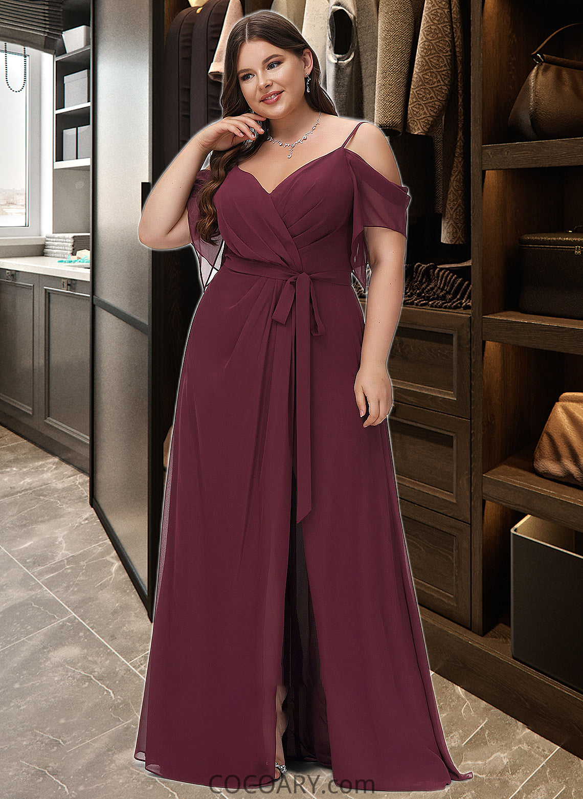 Vivian A-Line V-neck Floor-Length Bridesmaid Dress With Ruffle Split Front DA8P0012772