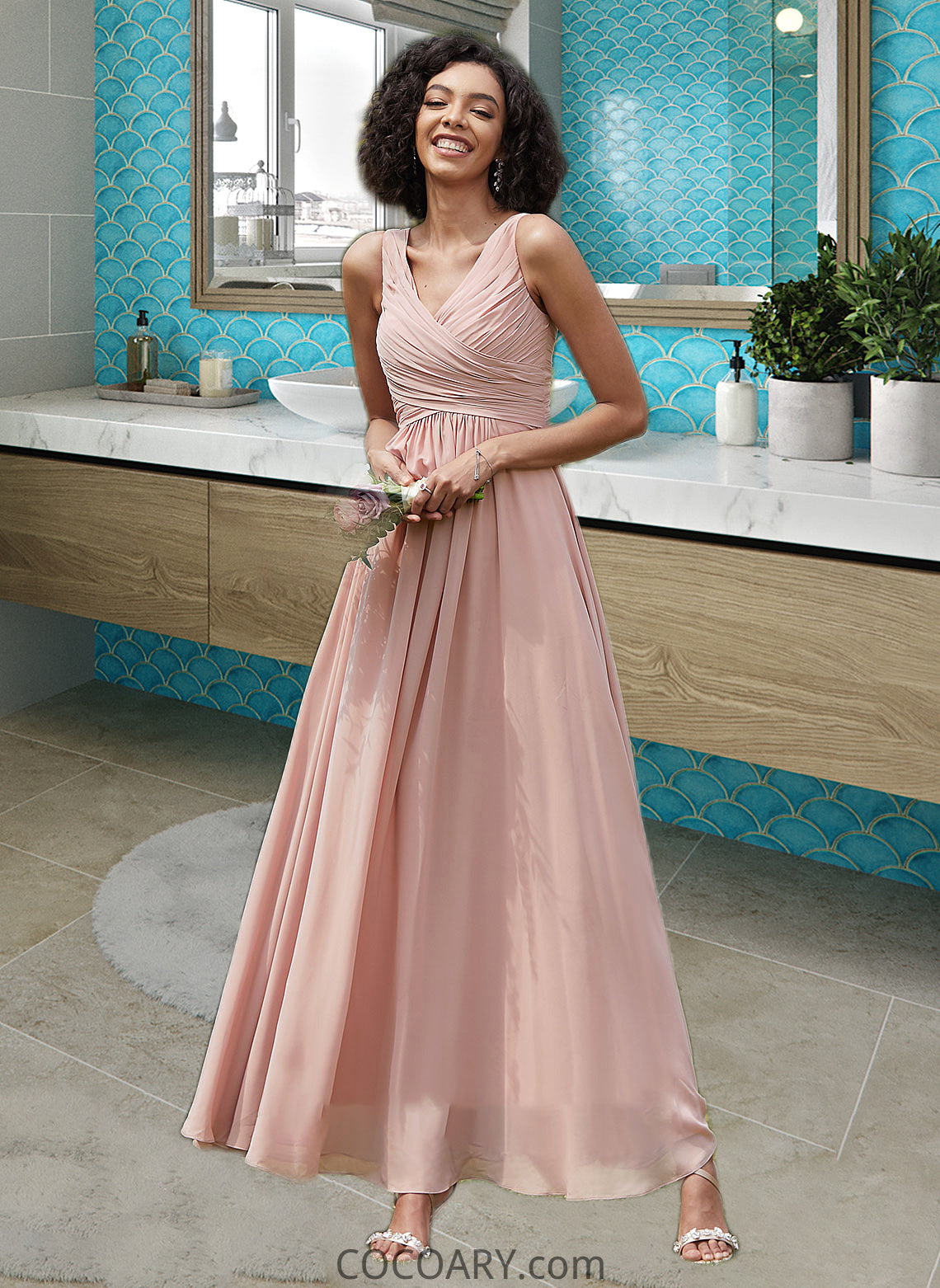 Emily A-Line V-neck Floor-Length Chiffon Bridesmaid Dress With Ruffle DA8P0012774