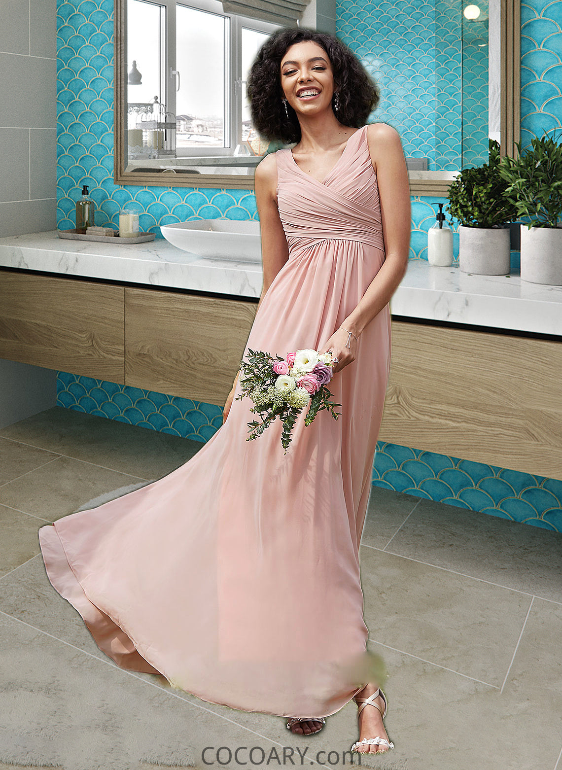 Emily A-Line V-neck Floor-Length Chiffon Bridesmaid Dress With Ruffle DA8P0012774