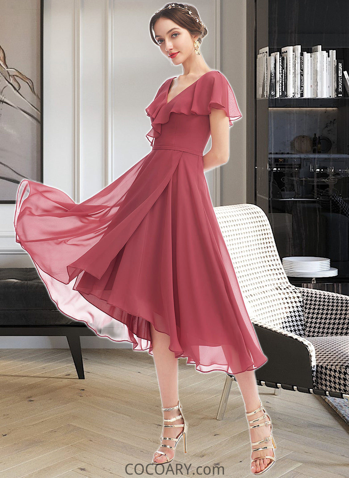 Akira A-Line V-neck Asymmetrical Bridesmaid Dress With Ruffle DA8P0012775