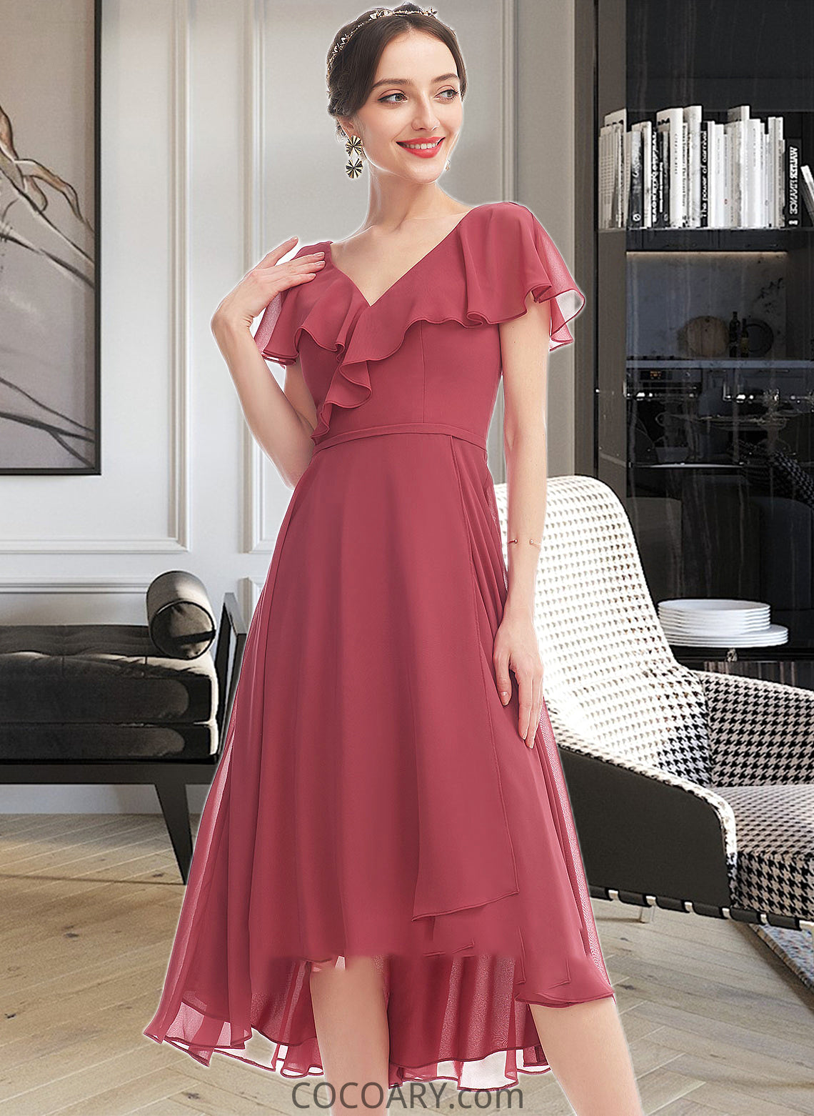 Akira A-Line V-neck Asymmetrical Bridesmaid Dress With Ruffle DA8P0012775