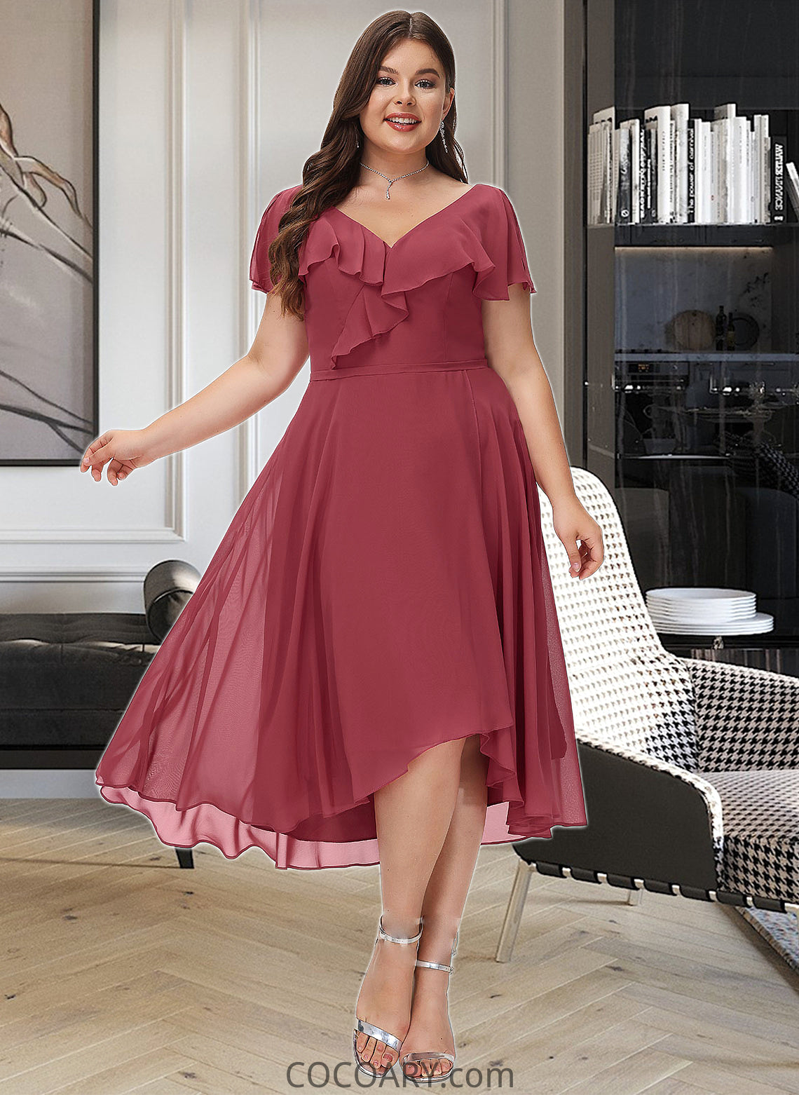 Akira A-Line V-neck Asymmetrical Bridesmaid Dress With Ruffle DA8P0012775