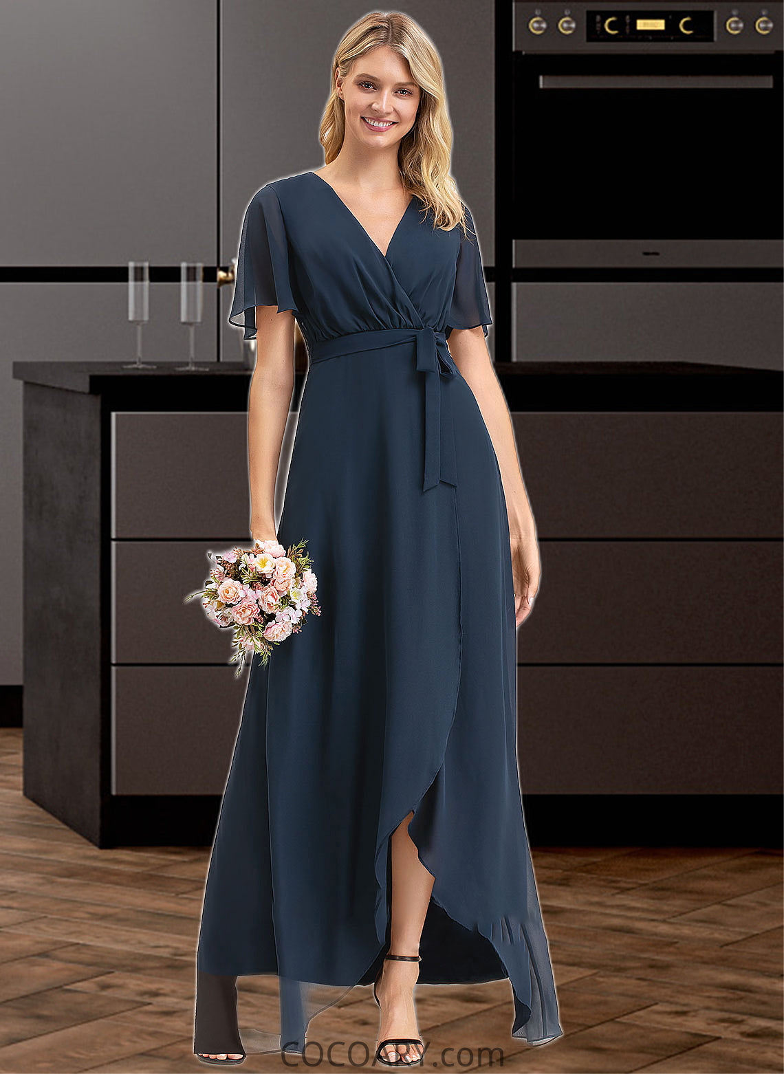 Salma A-Line V-neck Asymmetrical Chiffon Bridesmaid Dress With Bow(s) DA8P0012783