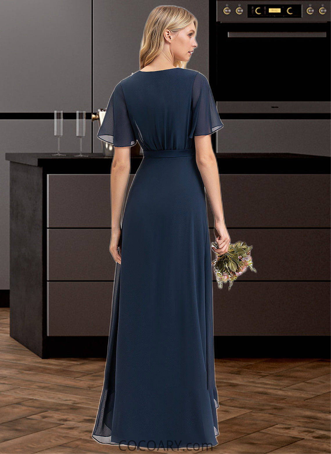 Salma A-Line V-neck Asymmetrical Chiffon Bridesmaid Dress With Bow(s) DA8P0012783