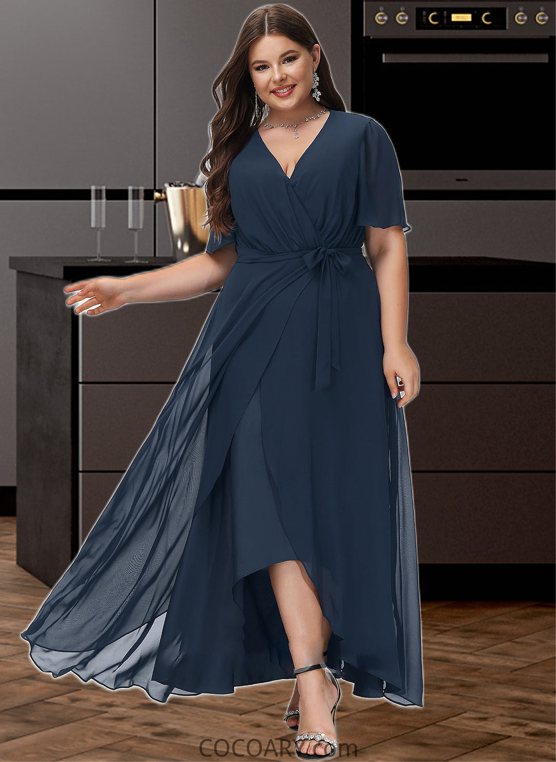 Salma A-Line V-neck Asymmetrical Chiffon Bridesmaid Dress With Bow(s) DA8P0012783