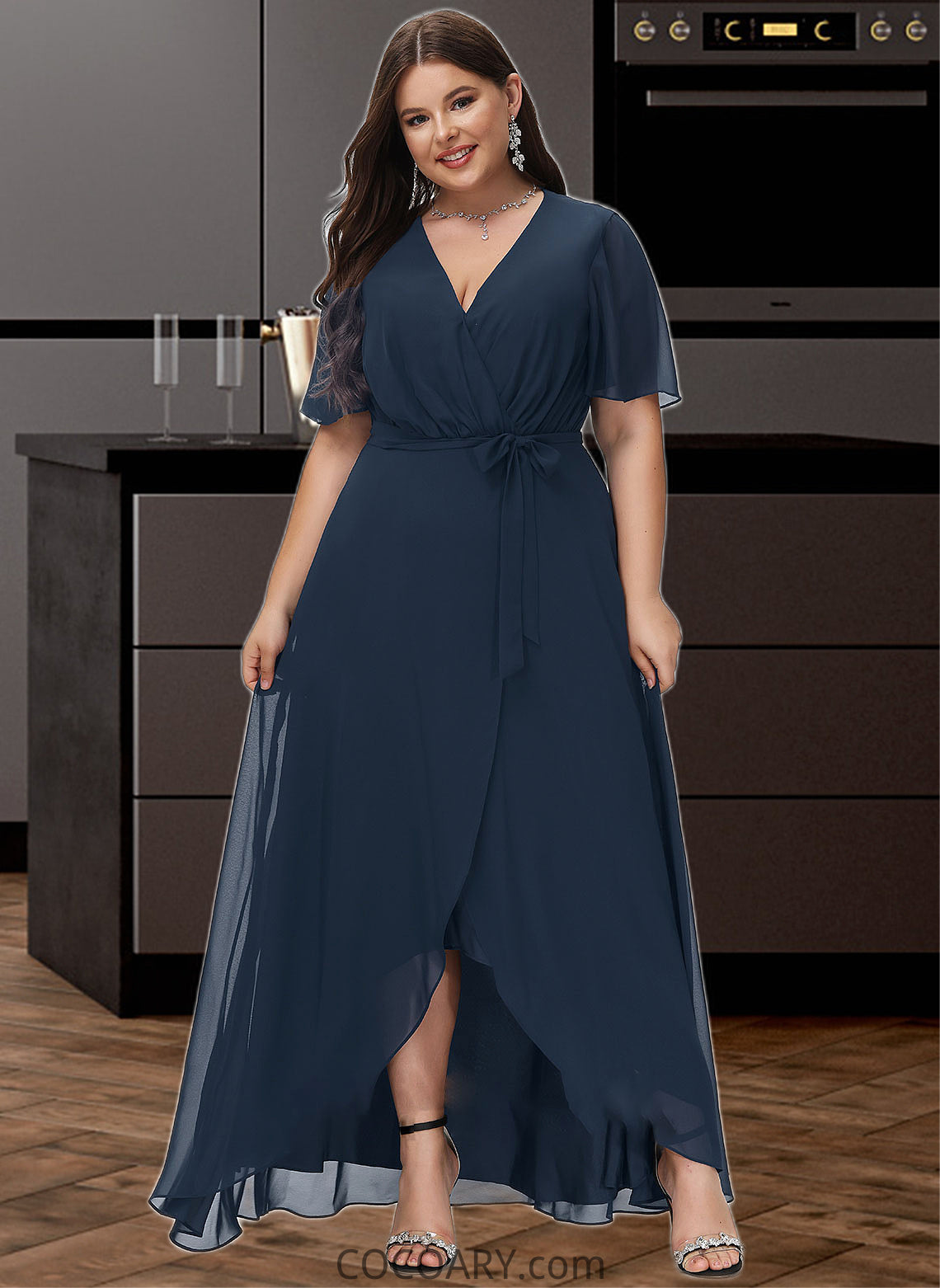 Salma A-Line V-neck Asymmetrical Chiffon Bridesmaid Dress With Bow(s) DA8P0012783