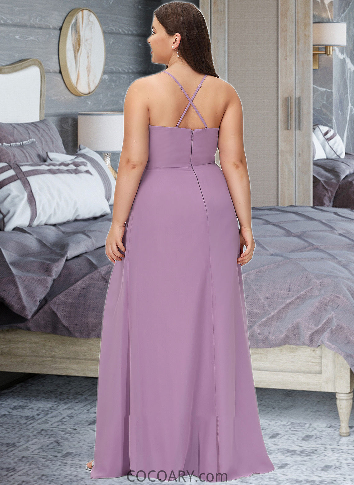 Frida A-Line V-neck Floor-Length Chiffon Bridesmaid Dress With Ruffle Split Front DA8P0012784