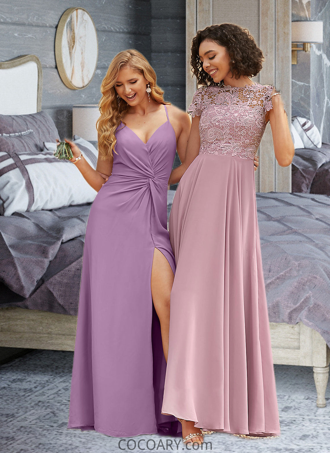 Frida A-Line V-neck Floor-Length Chiffon Bridesmaid Dress With Ruffle Split Front DA8P0012784