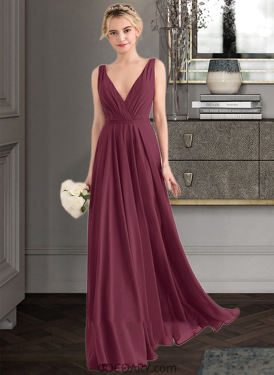 Silvia A-Line V-neck Floor-Length Chiffon Bridesmaid Dress With Ruffle DA8P0012789