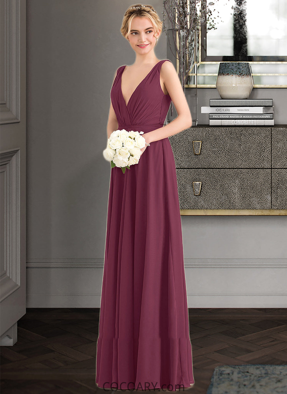 Silvia A-Line V-neck Floor-Length Chiffon Bridesmaid Dress With Ruffle DA8P0012789