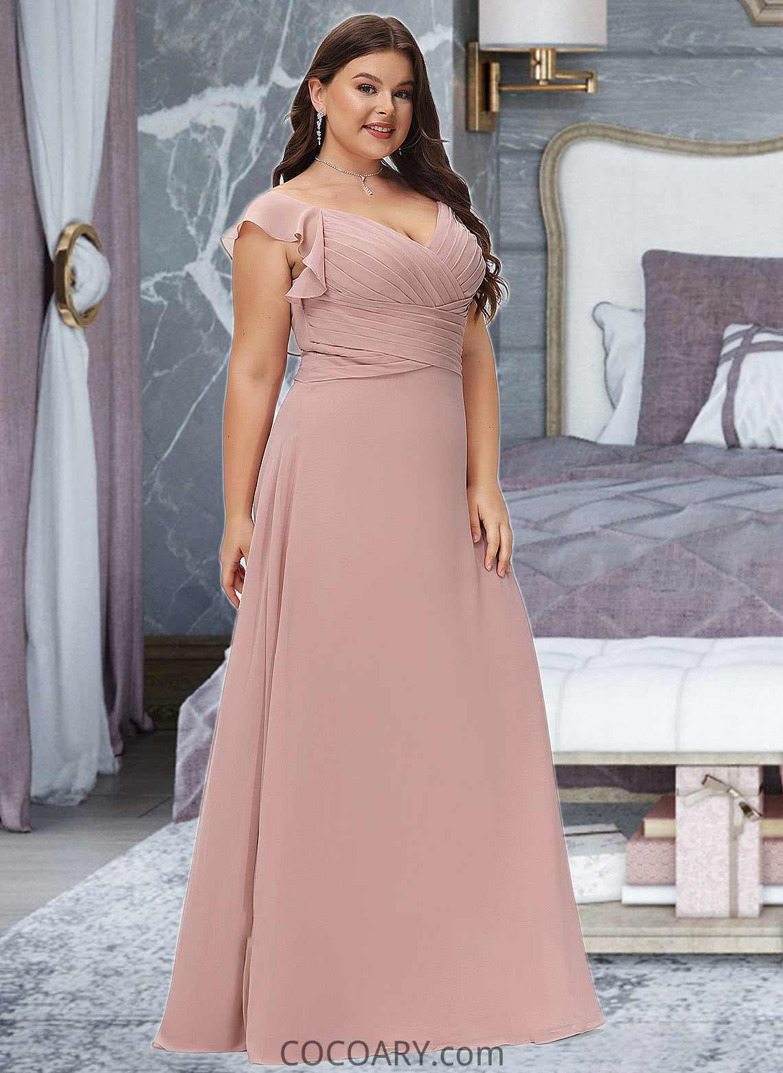 Cristal Empire V-Neck Floor-Length Chiffon Bridesmaid Dress With Cascading Ruffles DA8P0012790