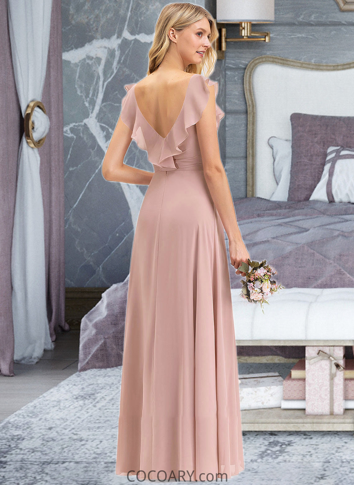 Cristal Empire V-Neck Floor-Length Chiffon Bridesmaid Dress With Cascading Ruffles DA8P0012790