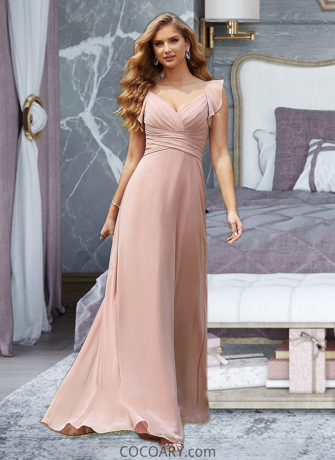 Cristal Empire V-Neck Floor-Length Chiffon Bridesmaid Dress With Cascading Ruffles DA8P0012790