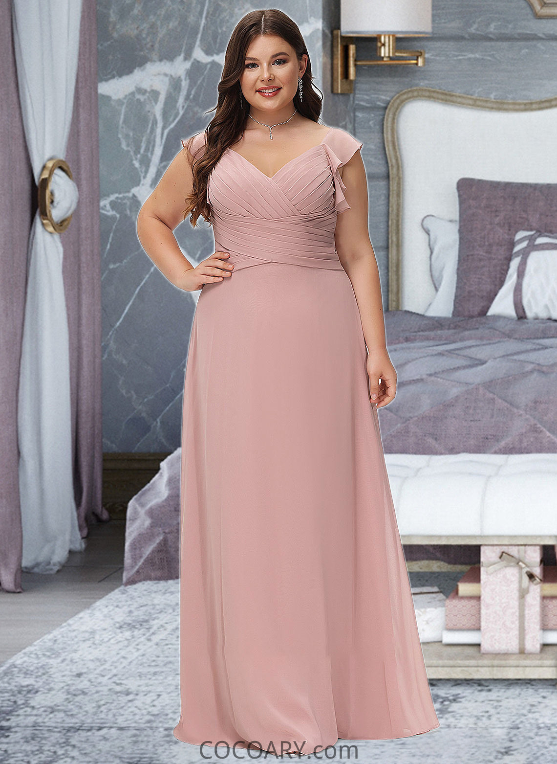 Cristal Empire V-Neck Floor-Length Chiffon Bridesmaid Dress With Cascading Ruffles DA8P0012790