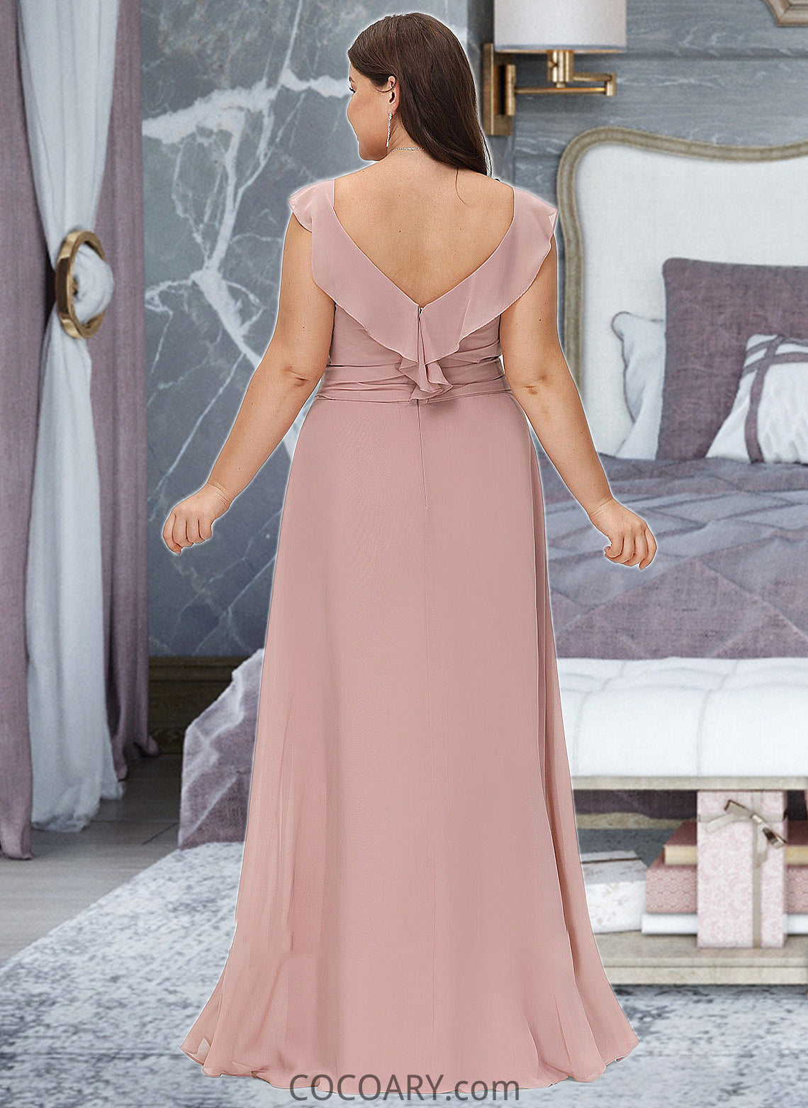 Cristal Empire V-Neck Floor-Length Chiffon Bridesmaid Dress With Cascading Ruffles DA8P0012790