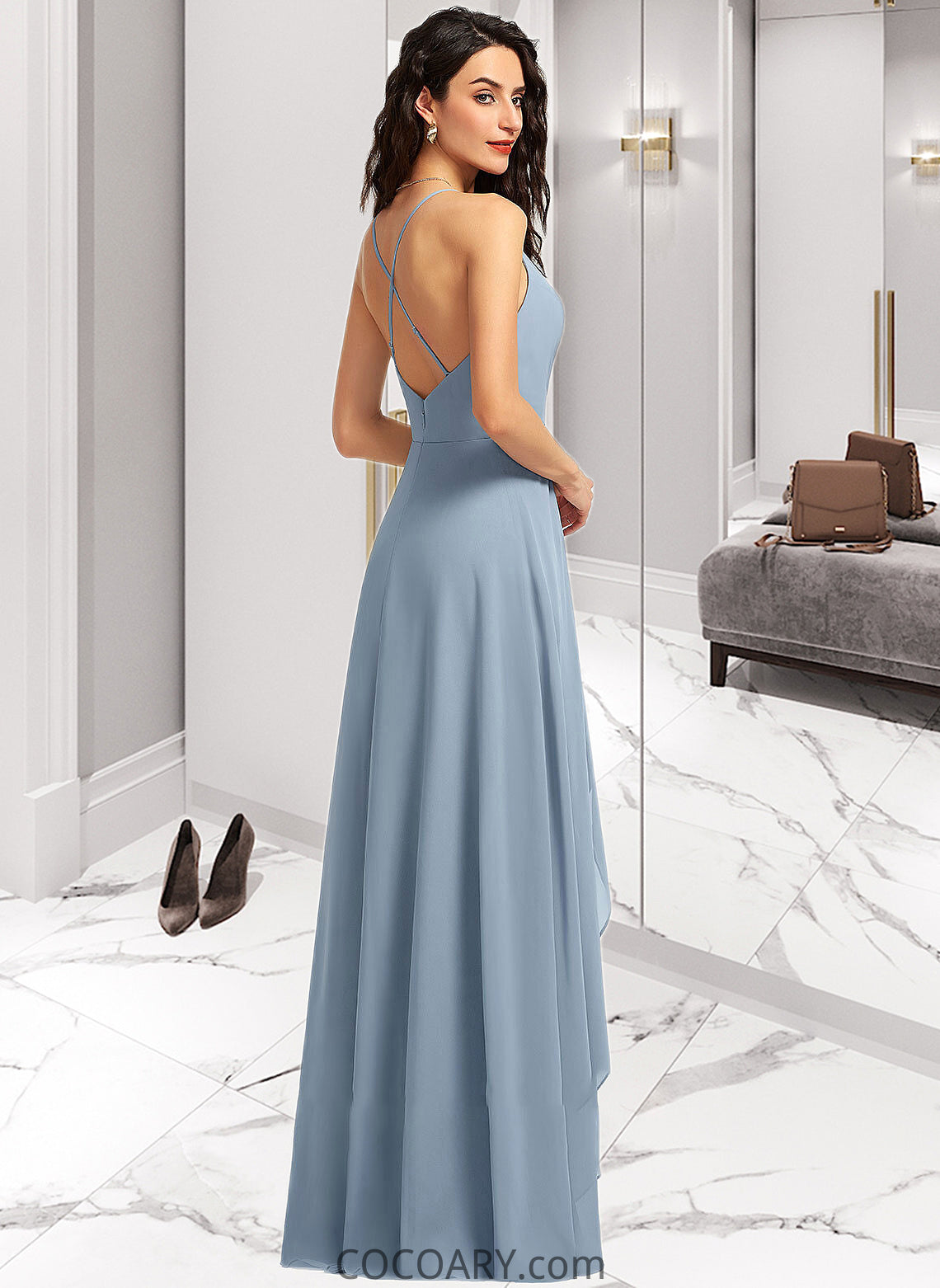 Jaidyn A-Line V-neck Asymmetrical Bridesmaid Dress DA8P0012794