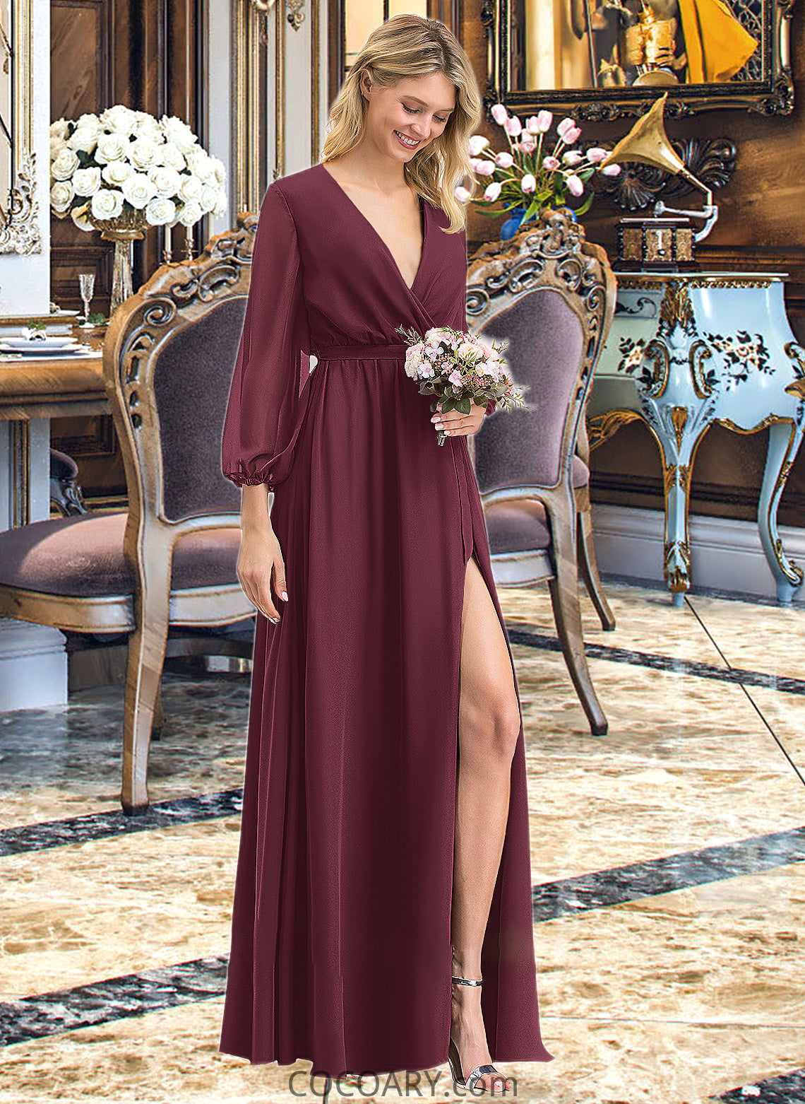 Karlie A-Line V-neck Floor-Length Chiffon Bridesmaid Dress With Ruffle Bow(s) Split Front DA8P0012795