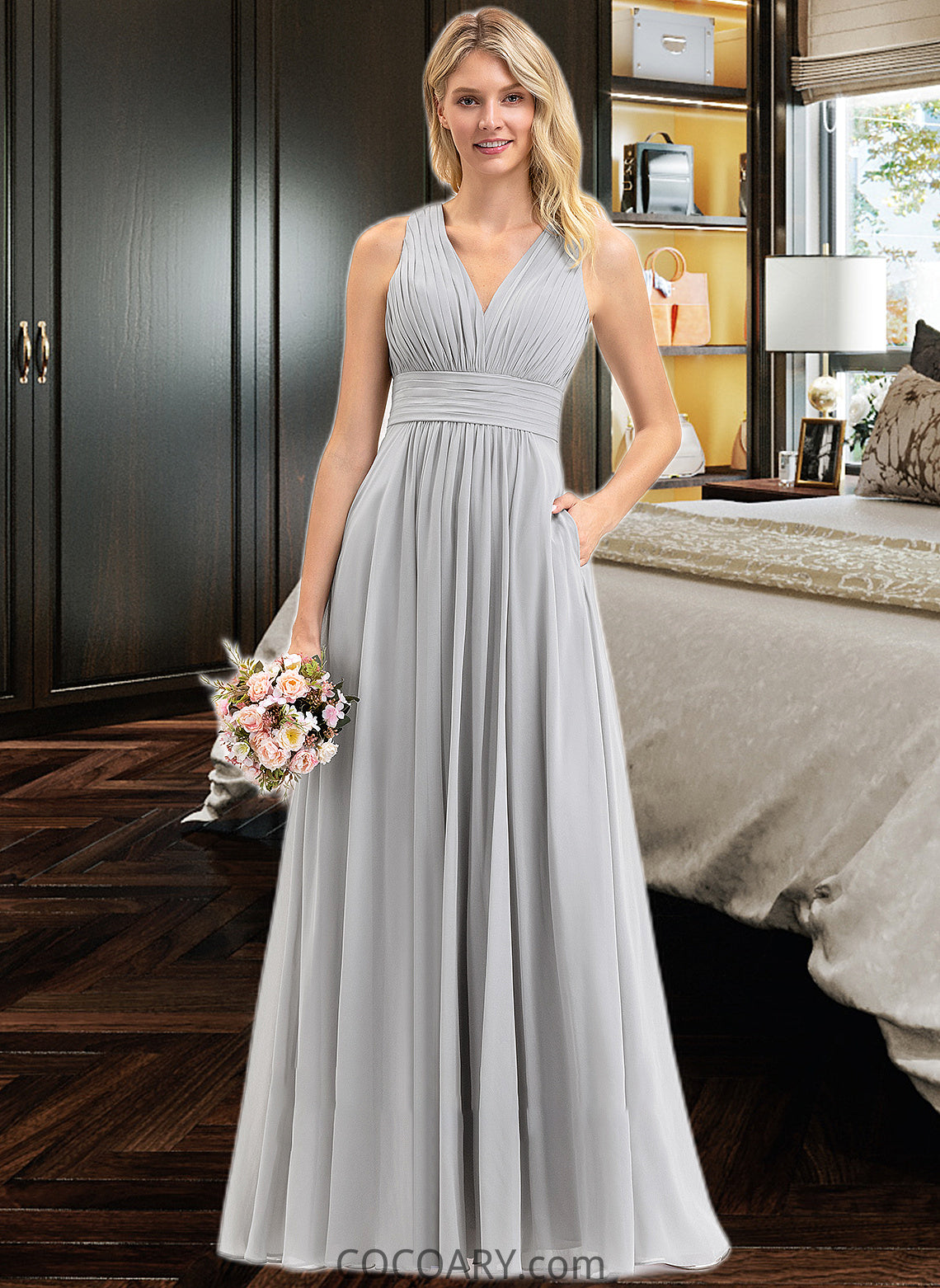 Priscilla A-Line V-neck Floor-Length Chiffon Bridesmaid Dress With Ruffle Bow(s) Pockets DA8P0012797