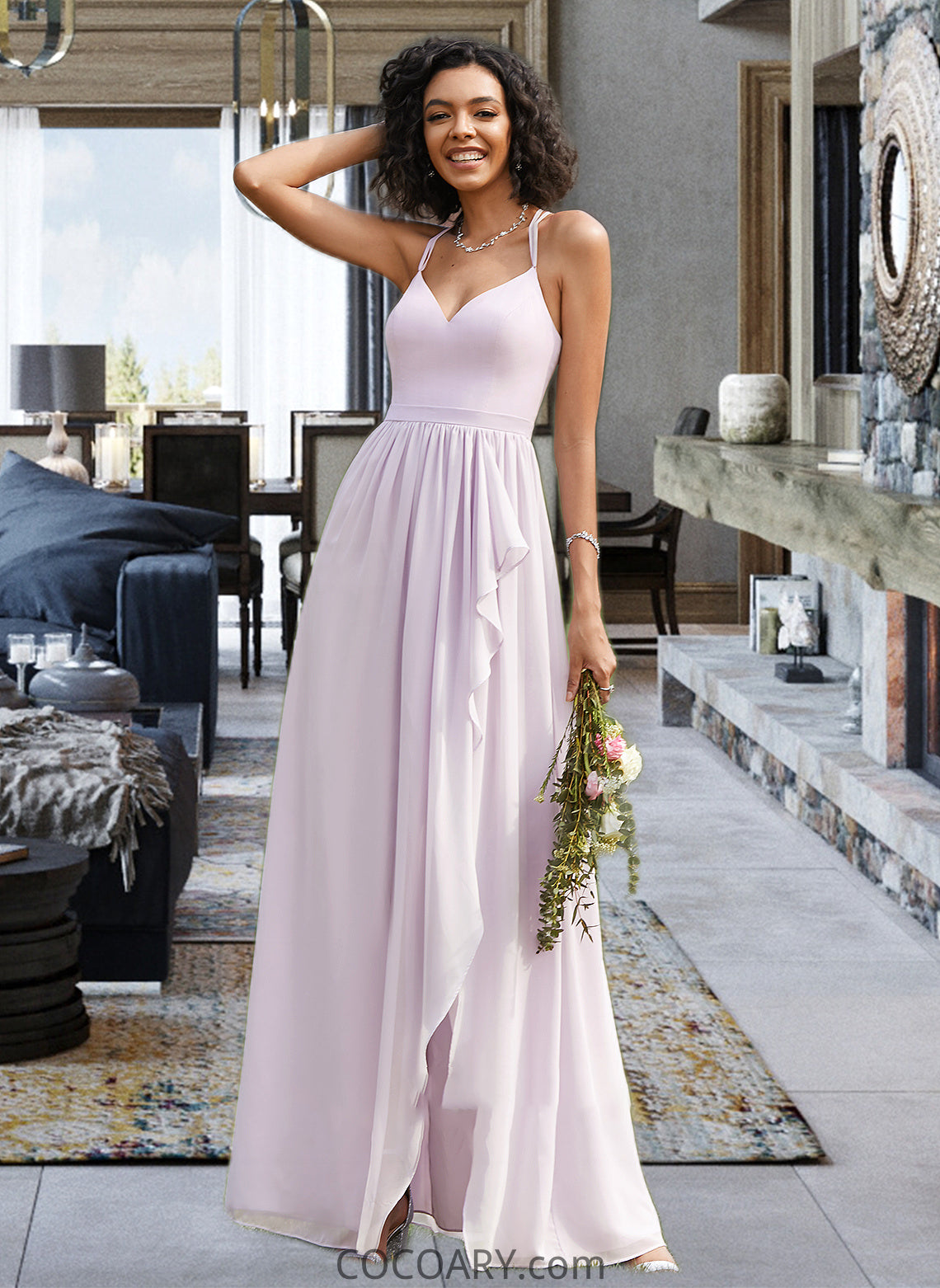 Leyla A-Line V-neck Asymmetrical Bridesmaid Dress With Ruffle Split Front DA8P0012799