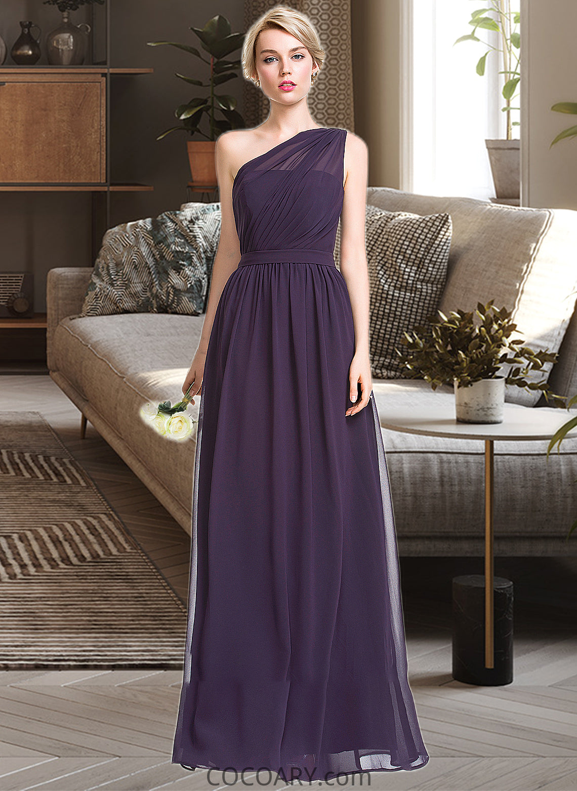 Kaydence A-line One Shoulder Floor-Length Chiffon Bridesmaid Dress With Ruffle DA8P0012803