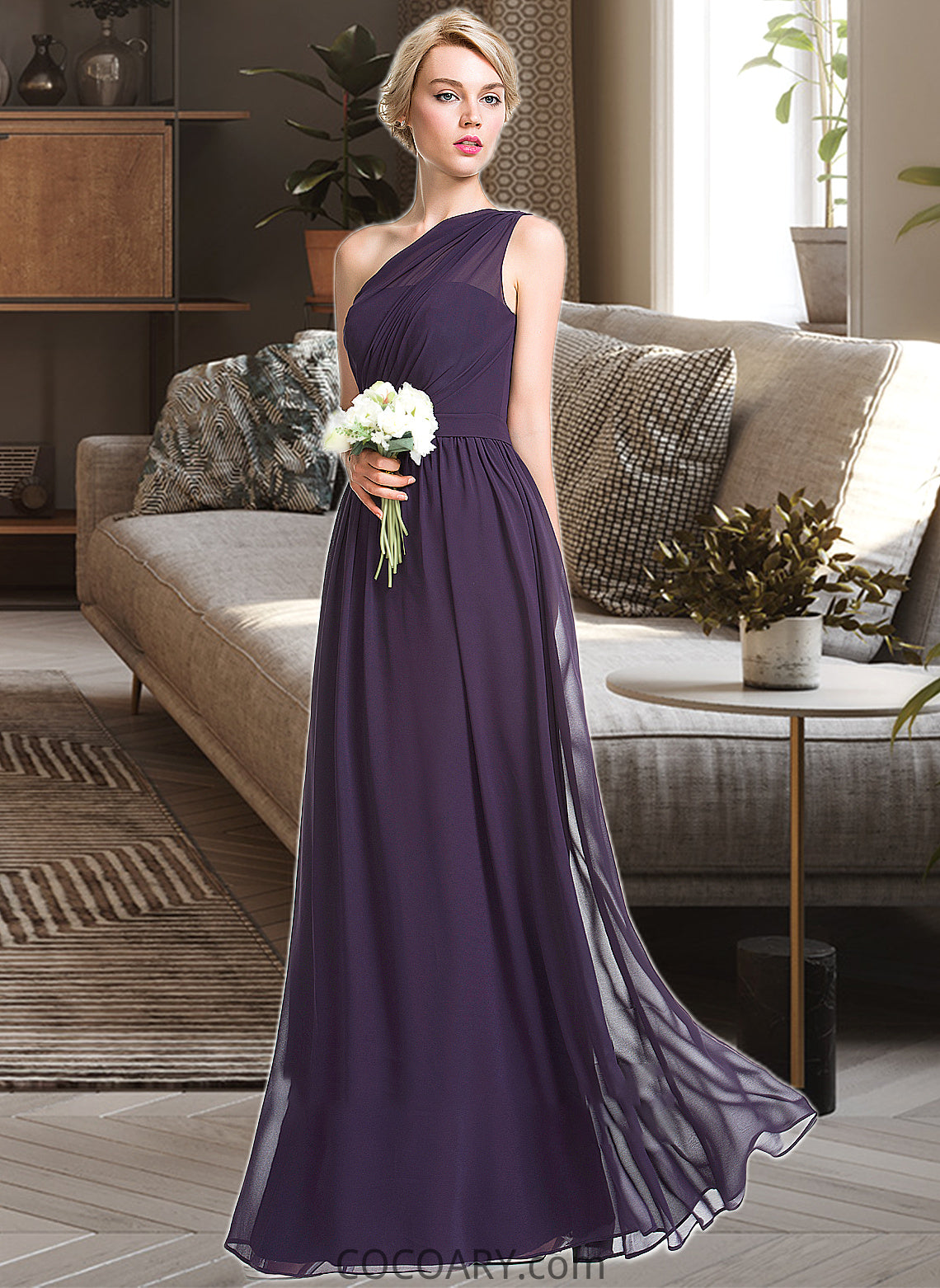 Kaydence A-line One Shoulder Floor-Length Chiffon Bridesmaid Dress With Ruffle DA8P0012803