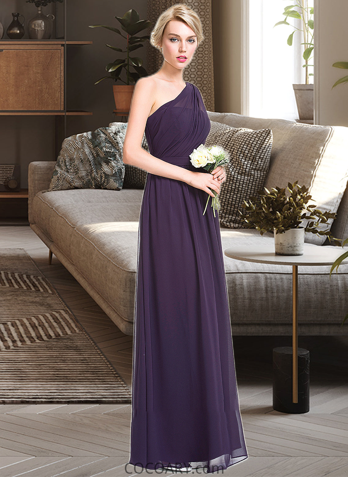 Kaydence A-line One Shoulder Floor-Length Chiffon Bridesmaid Dress With Ruffle DA8P0012803