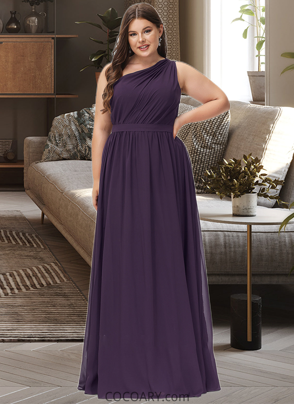 Kaydence A-line One Shoulder Floor-Length Chiffon Bridesmaid Dress With Ruffle DA8P0012803