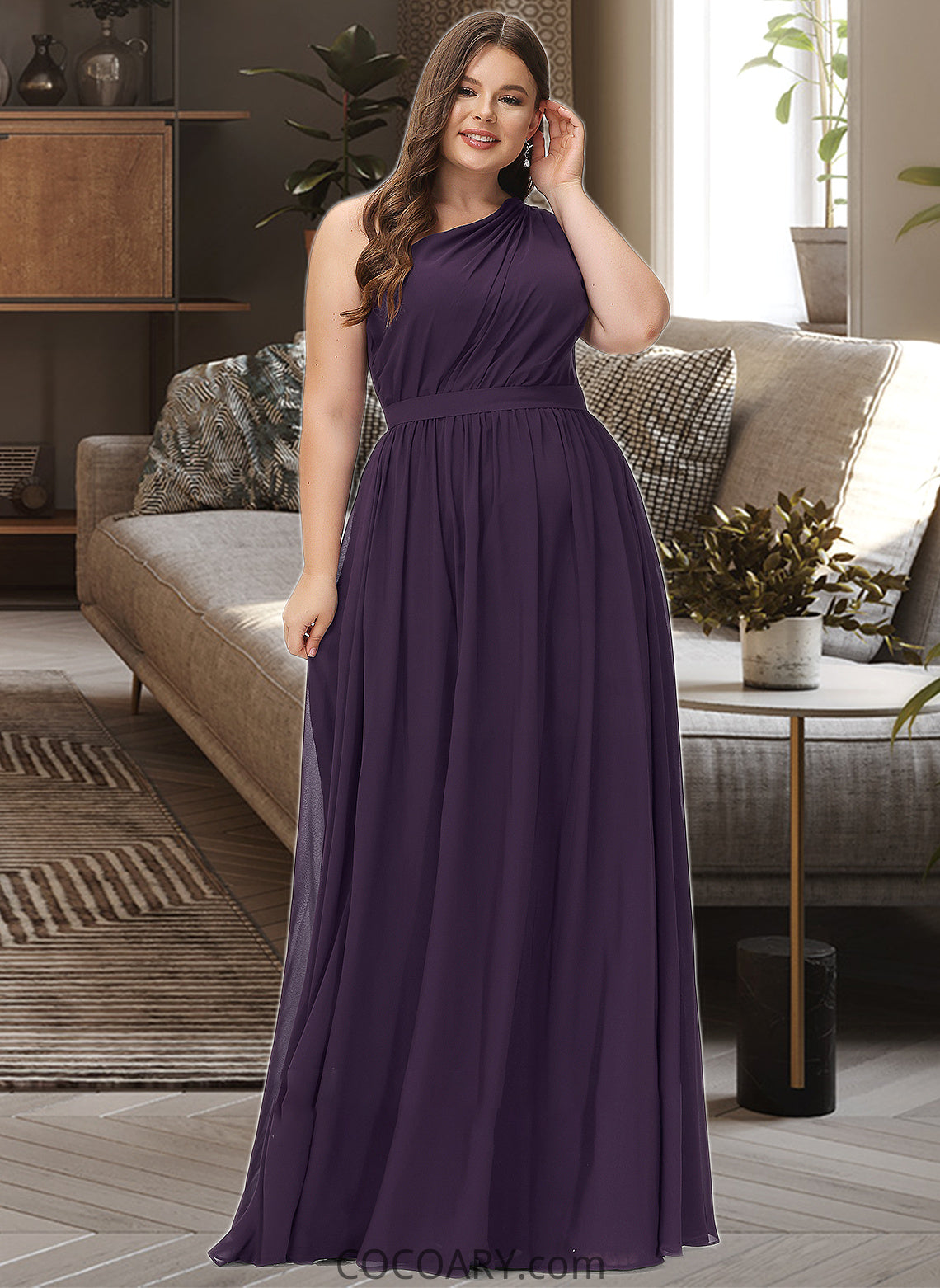 Kaydence A-line One Shoulder Floor-Length Chiffon Bridesmaid Dress With Ruffle DA8P0012803