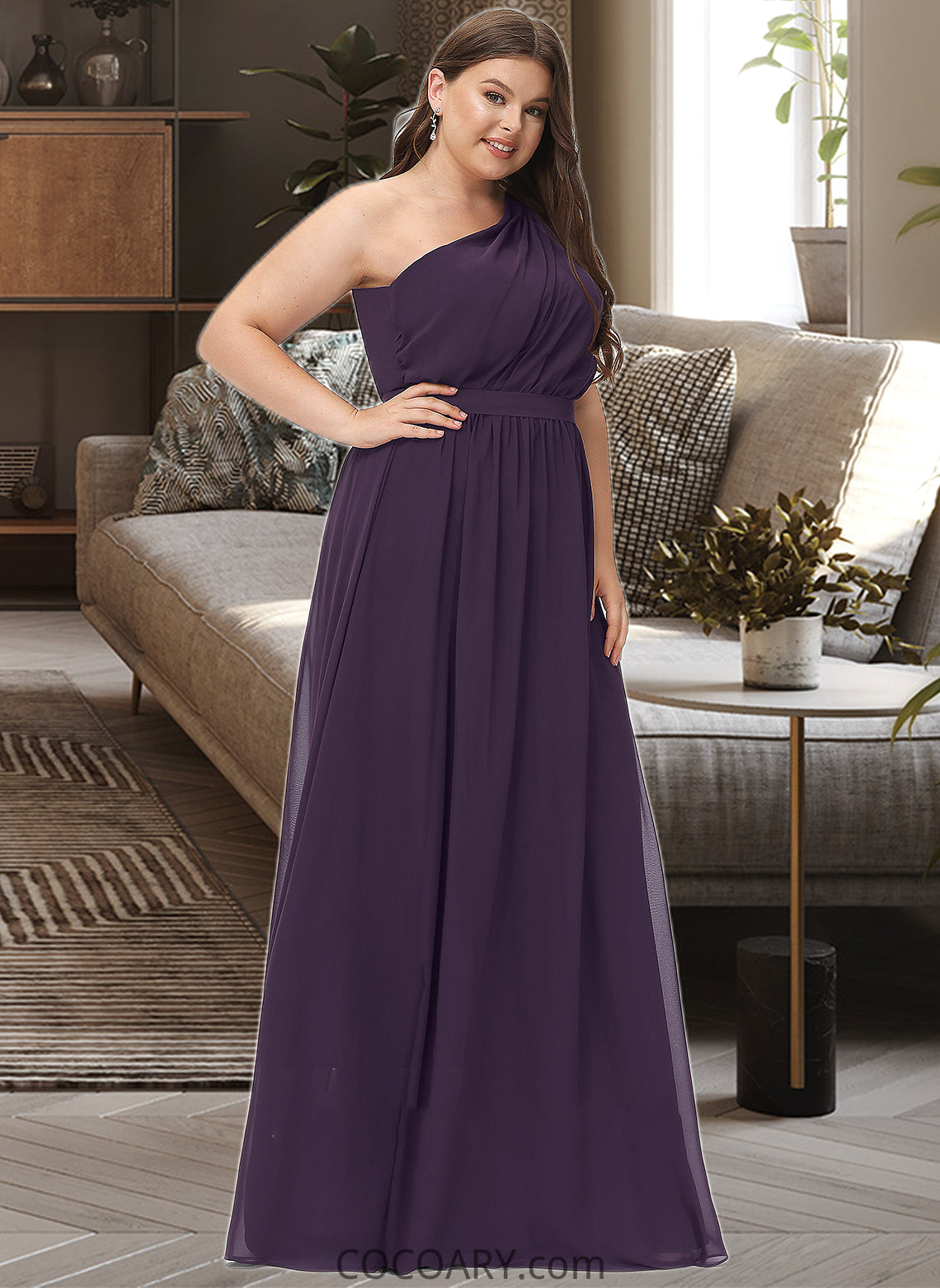 Kaydence A-line One Shoulder Floor-Length Chiffon Bridesmaid Dress With Ruffle DA8P0012803