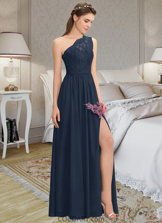 Allie A-Line One-Shoulder Floor-Length Chiffon Lace Bridesmaid Dress With Split Front DA8P0012808