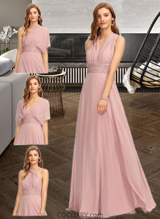 Victoria A-Line One-Shoulder Halter V-neck Floor-Length Chiffon Bridesmaid Dress With Ruffle DA8P0012813