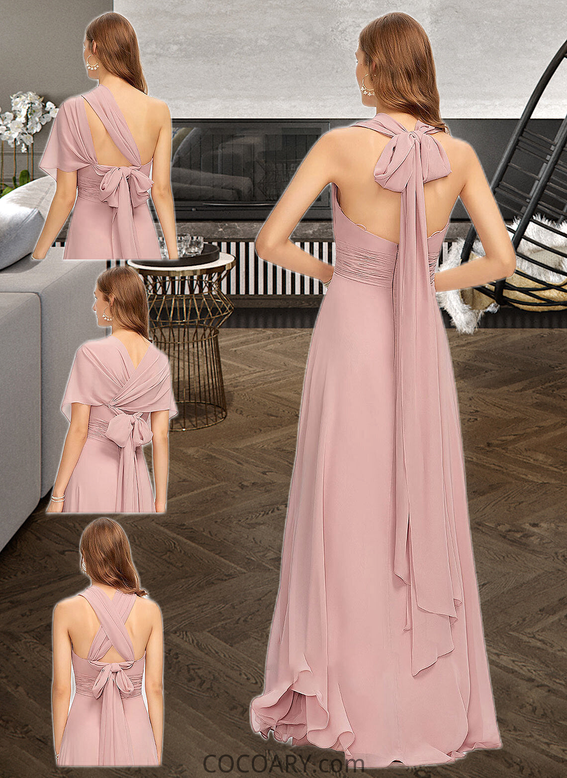 Victoria A-Line One-Shoulder Halter V-neck Floor-Length Chiffon Bridesmaid Dress With Ruffle DA8P0012813