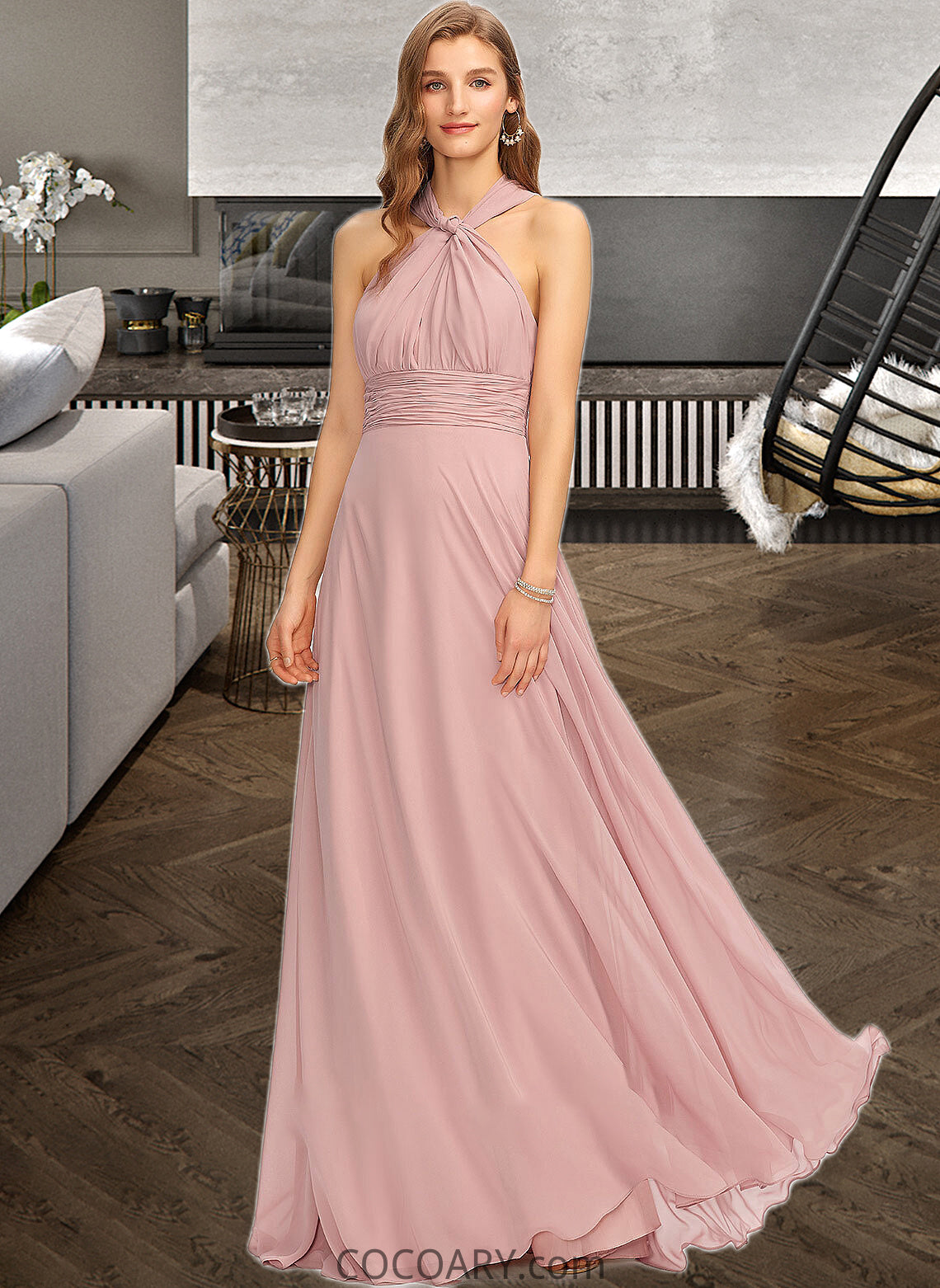 Victoria A-Line One-Shoulder Halter V-neck Floor-Length Chiffon Bridesmaid Dress With Ruffle DA8P0012813