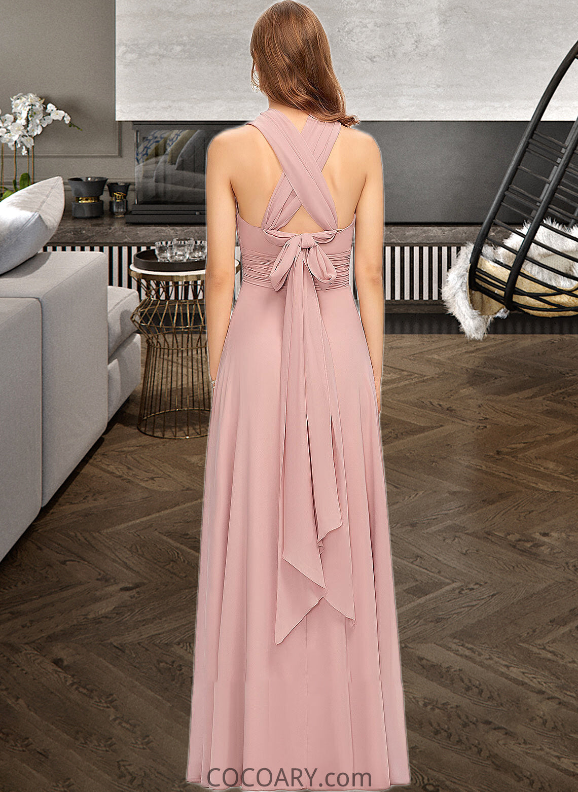 Victoria A-Line One-Shoulder Halter V-neck Floor-Length Chiffon Bridesmaid Dress With Ruffle DA8P0012813