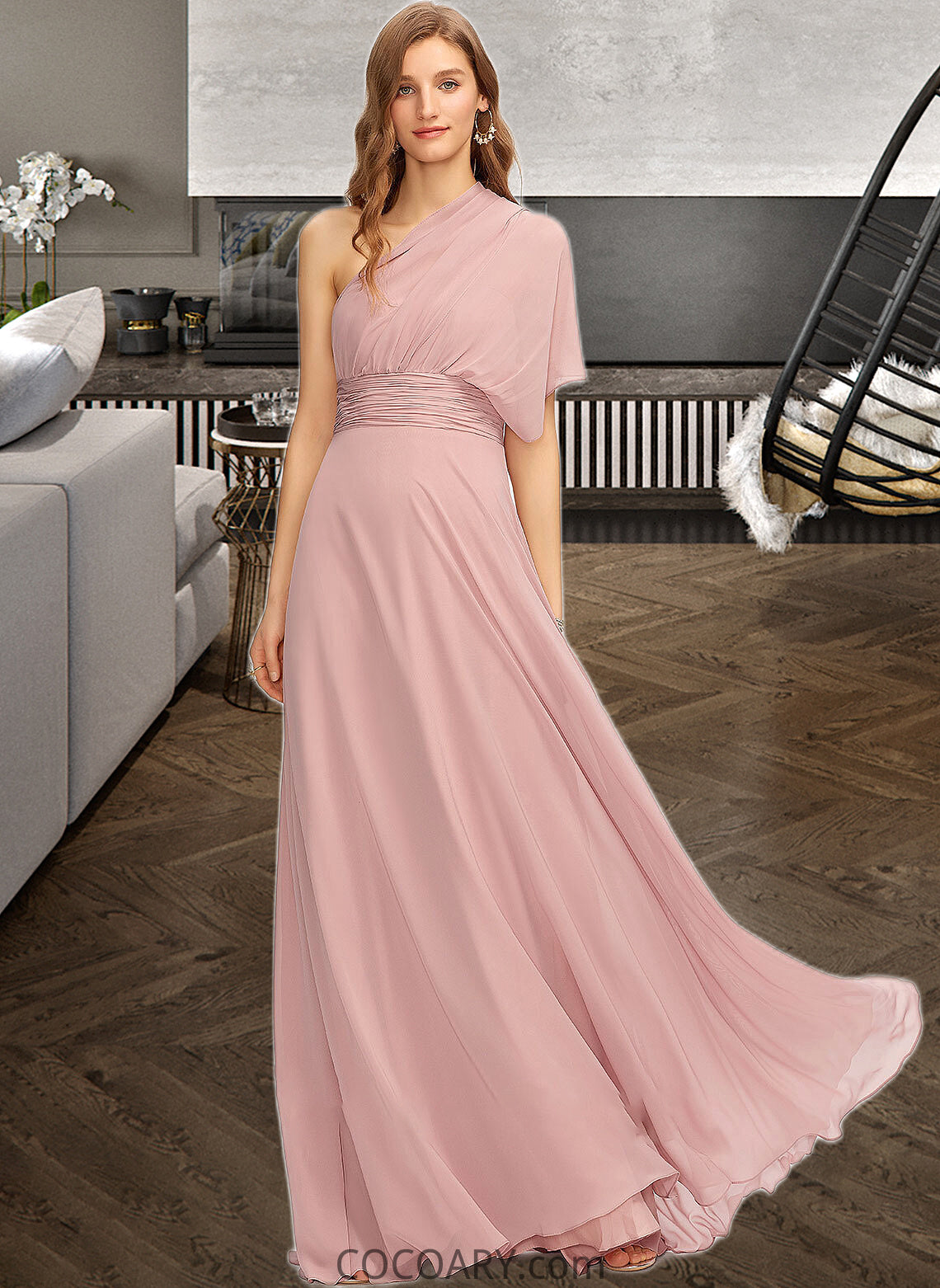 Victoria A-Line One-Shoulder Halter V-neck Floor-Length Chiffon Bridesmaid Dress With Ruffle DA8P0012813