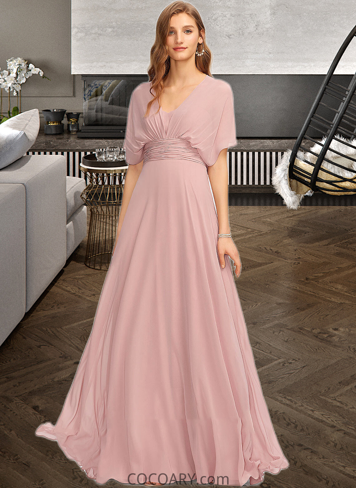 Victoria A-Line One-Shoulder Halter V-neck Floor-Length Chiffon Bridesmaid Dress With Ruffle DA8P0012813