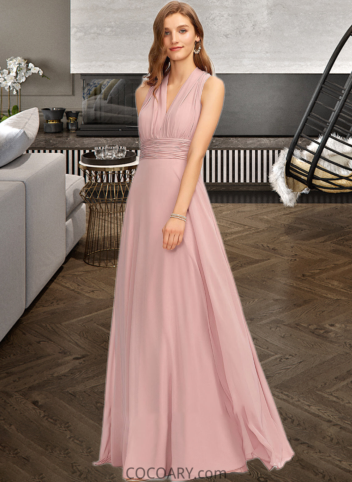 Victoria A-Line One-Shoulder Halter V-neck Floor-Length Chiffon Bridesmaid Dress With Ruffle DA8P0012813