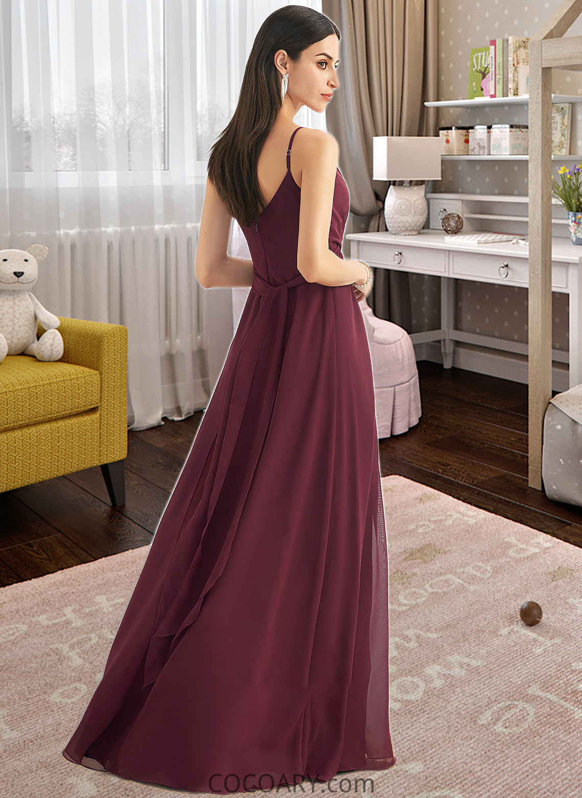 Luna A-Line V-neck Floor-Length Bridesmaid Dress With Ruffle Split Front DA8P0012815