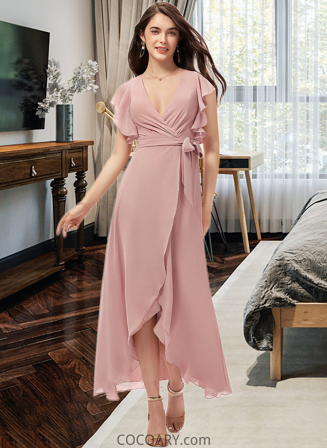 Karlie A-line V-Neck Asymmetrical Chiffon Bridesmaid Dress With Ruffle DA8P0012818