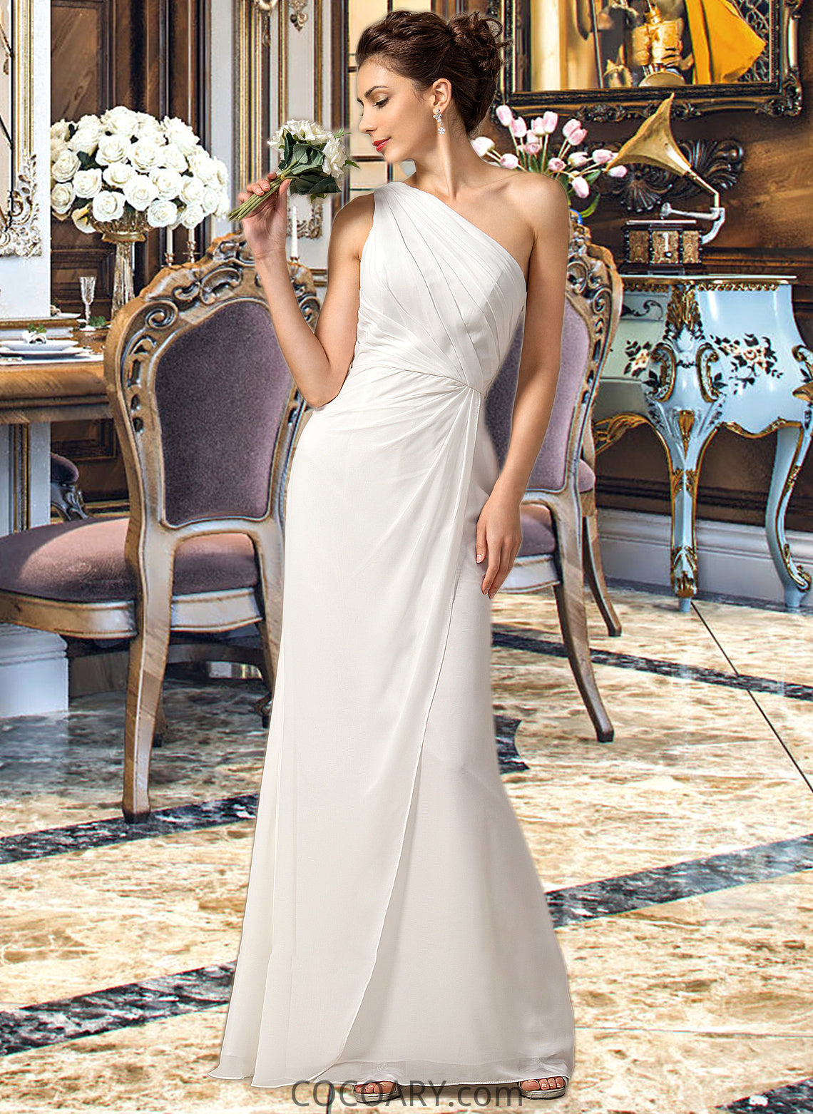 Camille Sheath/Column One Shoulder Floor-Length Chiffon Bridesmaid Dress With Ruffle DA8P0012820