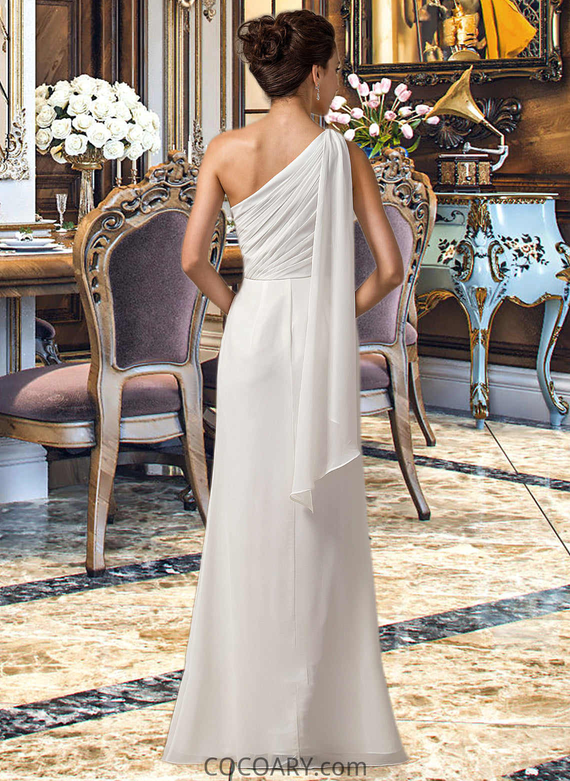 Camille Sheath/Column One Shoulder Floor-Length Chiffon Bridesmaid Dress With Ruffle DA8P0012820