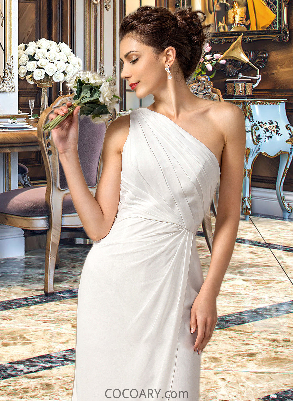 Camille Sheath/Column One Shoulder Floor-Length Chiffon Bridesmaid Dress With Ruffle DA8P0012820