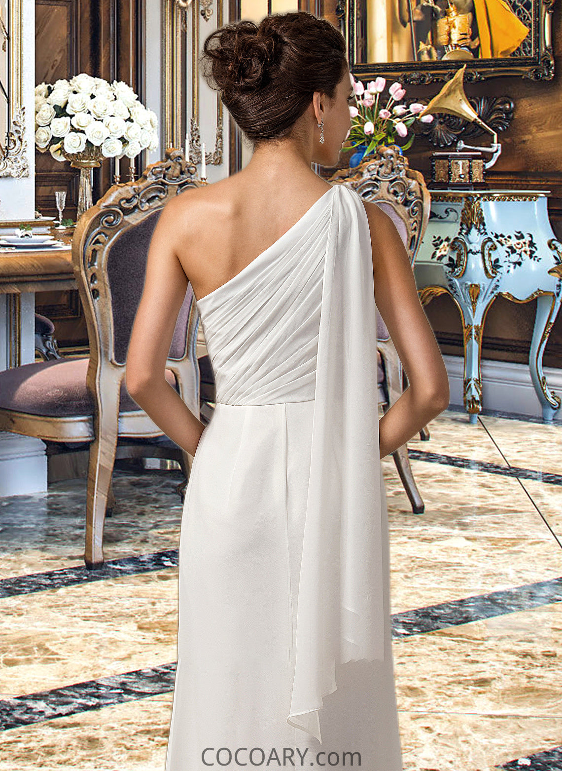 Camille Sheath/Column One Shoulder Floor-Length Chiffon Bridesmaid Dress With Ruffle DA8P0012820