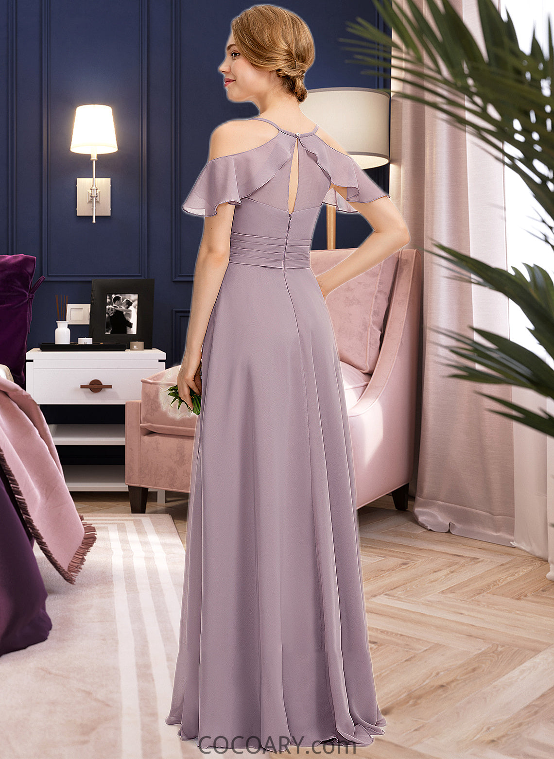 Winnie A-Line V-neck Floor-Length Chiffon Bridesmaid Dress With Ruffle Split Front Cascading Ruffles DA8P0012822