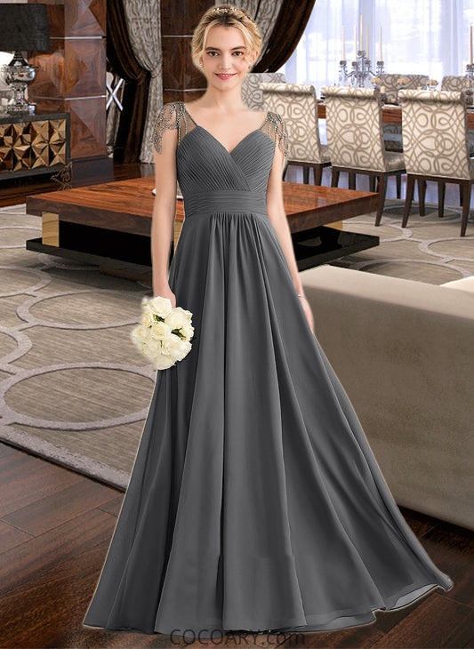 Summer A-Line V-neck Floor-Length Chiffon Bridesmaid Dress With Ruffle Beading Sequins DA8P0012823